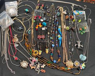 Jewelry Lot#26 metal feather pendants, choker necklaces, chain and beaded necklaces, earrings, rings
