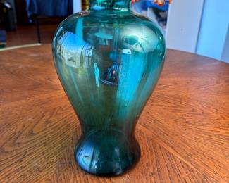 Aqua blue glass vase 10"H