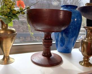 Wooden centerpiece bowl on pedestal marked L. Jones W.C.H.O. 1969 - 10"H x 8"W