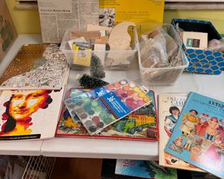 Box Lot#19 craft supplies with books, artist trading cards, paper doll books