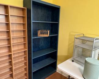 Tall wooden bookshelf with blue finish, minor marks and wear 6'5"H x 36"W x 12"D