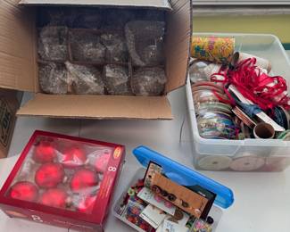 Box Lot#36 clear glass ornaments, red ornaments, buttons, ribbon