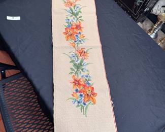 Needlepoint Lot A: rectangular with peach and blue flowers 29" x 8"