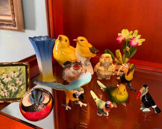 Grouping of small items including porcelain birds (some wear) painting, vase 1/2-2"