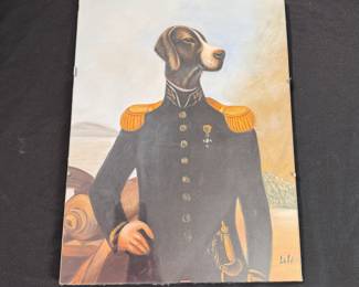 Pointer in military uniform reproduction on canvas by Lili 17" x 12", framed under glass