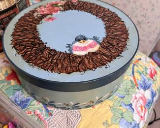 Round painted wooden box with bluebird by Linda Conner, some surface discoloration 11"