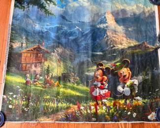 Thomas Kinkade Studios Disney print on canvas, Mickey and Minnie in the Alps (some wrinkling to canvas/fabric) 40" x 35"