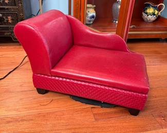 Petite pet fainting sofa with lift-up storage below, fabric loose under base, small corner separated (all fixable) 14"H x 20"L