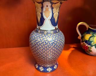 Floral and cross faux-cloisonne-style ceramic vase 12"H