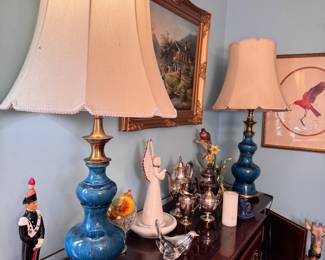 Pair of blue ceramic and brass lamps (shades show some wear) 38"H