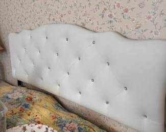 Ivory tufted vinyl headboard with jeweled buttons, mild wear (appears to be a queen) 52"H x 60"W