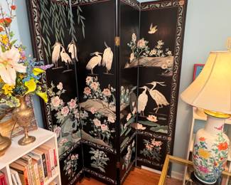 Four-panel Asian screen, some wear, and a wire pin to secure a few hinges 6'2"H, each panel 15"W 