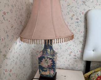 Square ceramic floral table lamp, shade shows wear, 29"H