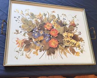 Floral serving tray, pressboard with metal handles 15" x 20"