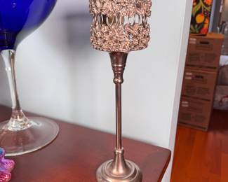 Jeweled metal pillar candle holder 14"