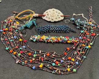 Jewelry Lot#7: Intricately beaded seahorse, lizard, bracelets, multi-strand necklace