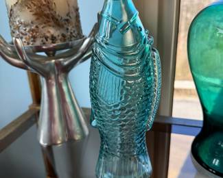 Teal blue fish bottle with stopper 8"
