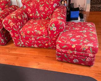 Red Floral deep chair and ottoman, some wear and tear on both of them, needs fabric cleaning, chair is 45"W x 34"D