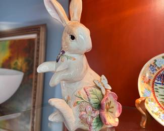 Fitz and Floyd rabbit (glue repair to one ear, minor chips to a flower) 8"H