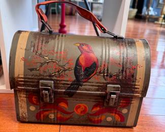 Hand-painted metal lunchbox, cardinal with red handle 10"