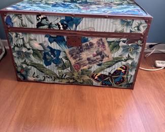 Vinyl-covered trunk with butterflies, some seams need glued down 18" x 30" x 19"