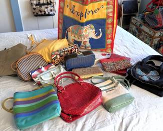 Group of mostly vinyl purses  with some wear in 'Explore" elephant tote bag