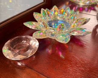 Two votive candle holders, one is an iridescent flower 7"W