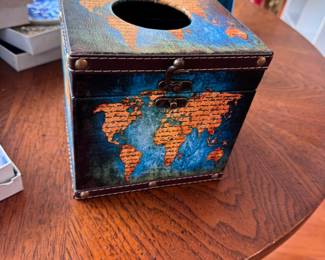 Hinged lid world tissue box cover