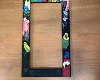 Large wooden frame, partially painted with birds, with outlines for more birds by Linda Conner outside measurements 16" x 28"