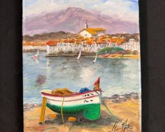 Painting on a small canvas  of Cadaqués seaside village, signed 6" x 7"