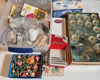 Box Lot#85 beading supplies, glass bead storage jars, bead spinner