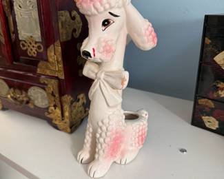 Ceramic pink and white poodle planter, some wear to finish 8"H