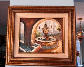 European fountain painting on canvas, unsigned, 13" x 15"