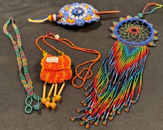 Jewelry Lot#34 group of intricately beaded items, necklaces, barrette, Australian pouch, dreamcatcher 