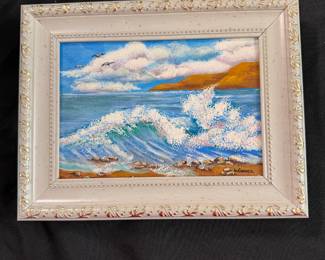 Seaside painting on small canvas by Linda Conner 10" x 8" framed