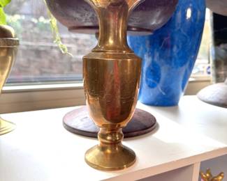 Brass vase with etched floral design 7"H