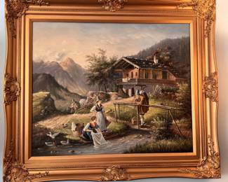 Painting on canvas of German mountain cottage, unsigned, 26" x 30"