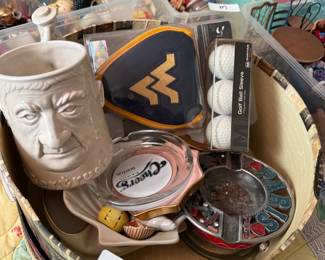Trinket Box Q vintage ashtrays, WVU golfballs, mug