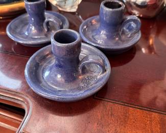 Three blue taper candle holders 2.5"W