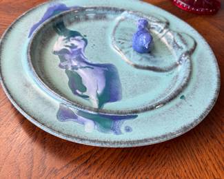 Pottery decorative plate with applied bluebird 12"