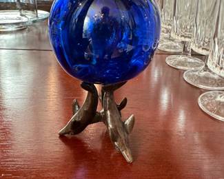 Blown glass ball on dolphin holder 2.5"