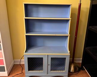 Petite blue and yellow bookshelf, some wear and discoloration, ready for fresh paint, 42"H x 26"W x 11"D