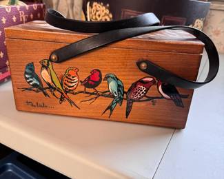 Enid Collins Original Box Bag 'For the Birds', box in good condition, vinyl handles misshapen from storage 5"H x 10"W