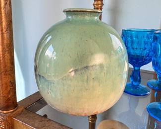 Seafoam green round pottery vase signed (Maslowski?)  6"H