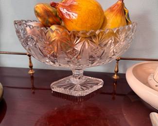 Oval, cut crystal bowl with decorative eggs and fruit 5"H x 10"L