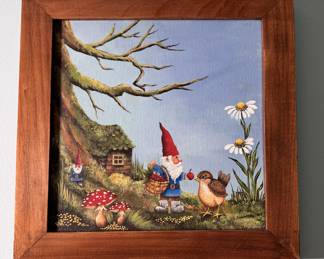 Gnomes feeding the birds original painting on canvas by Linda Conner 15" x 15"