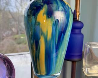 Painted clear vase with blue, green, and yellow 8"