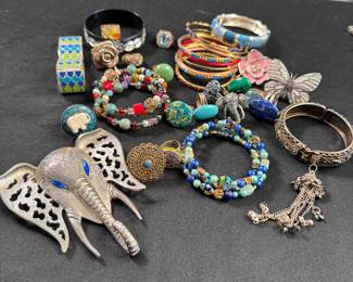 Jewelry Lot#14: Large elephant brooch, bracelets, rings