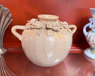 Ceramic drip glaze vase with rose appliques 4.5"H