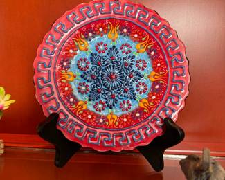 Hand-made red floral pottery plate 6.5"